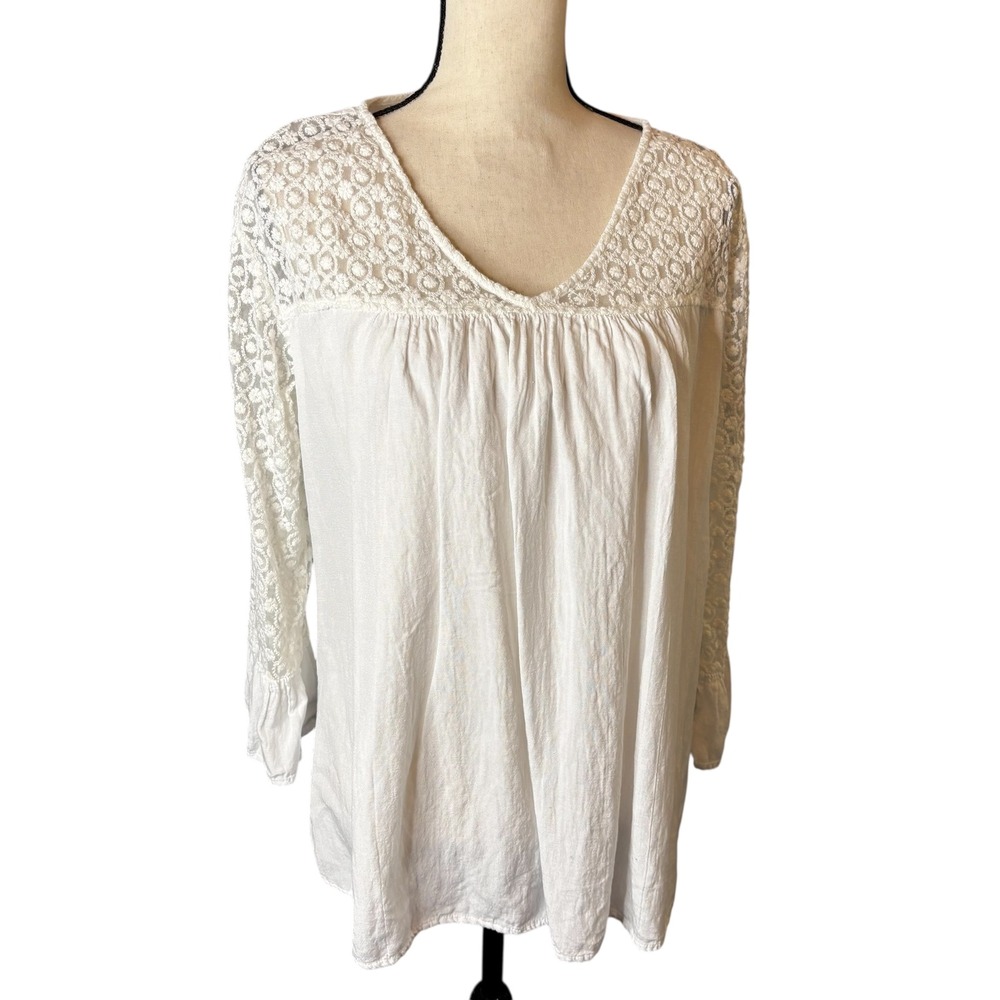 A & A White Crochet Yoke Long Sleeve Peasant Blouse Top 1X Boho Chic Casual